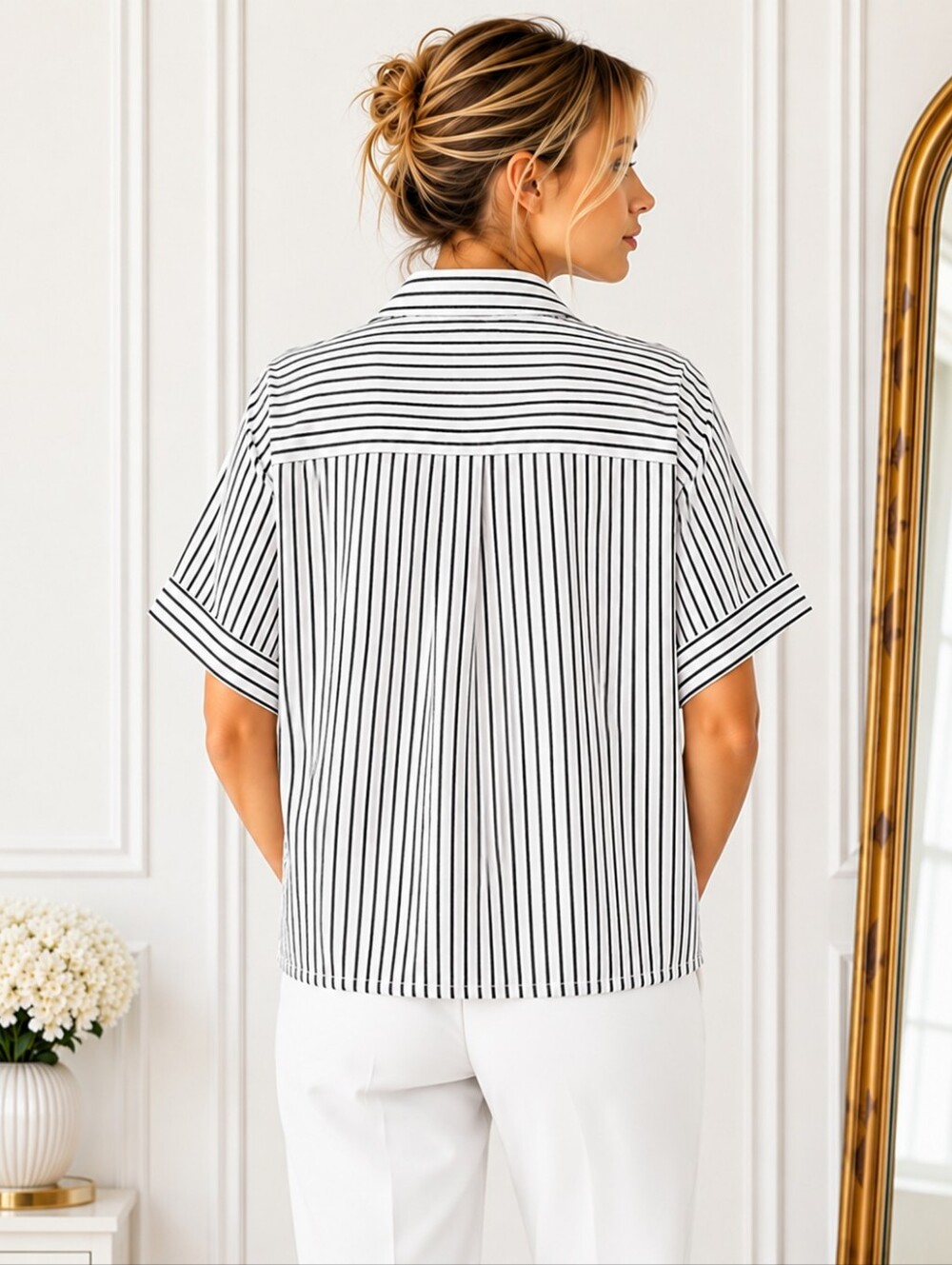 Max Studio Gray & White Striped Button-Up Blouse Size L | Short Sleeve - Picture 2 of 9